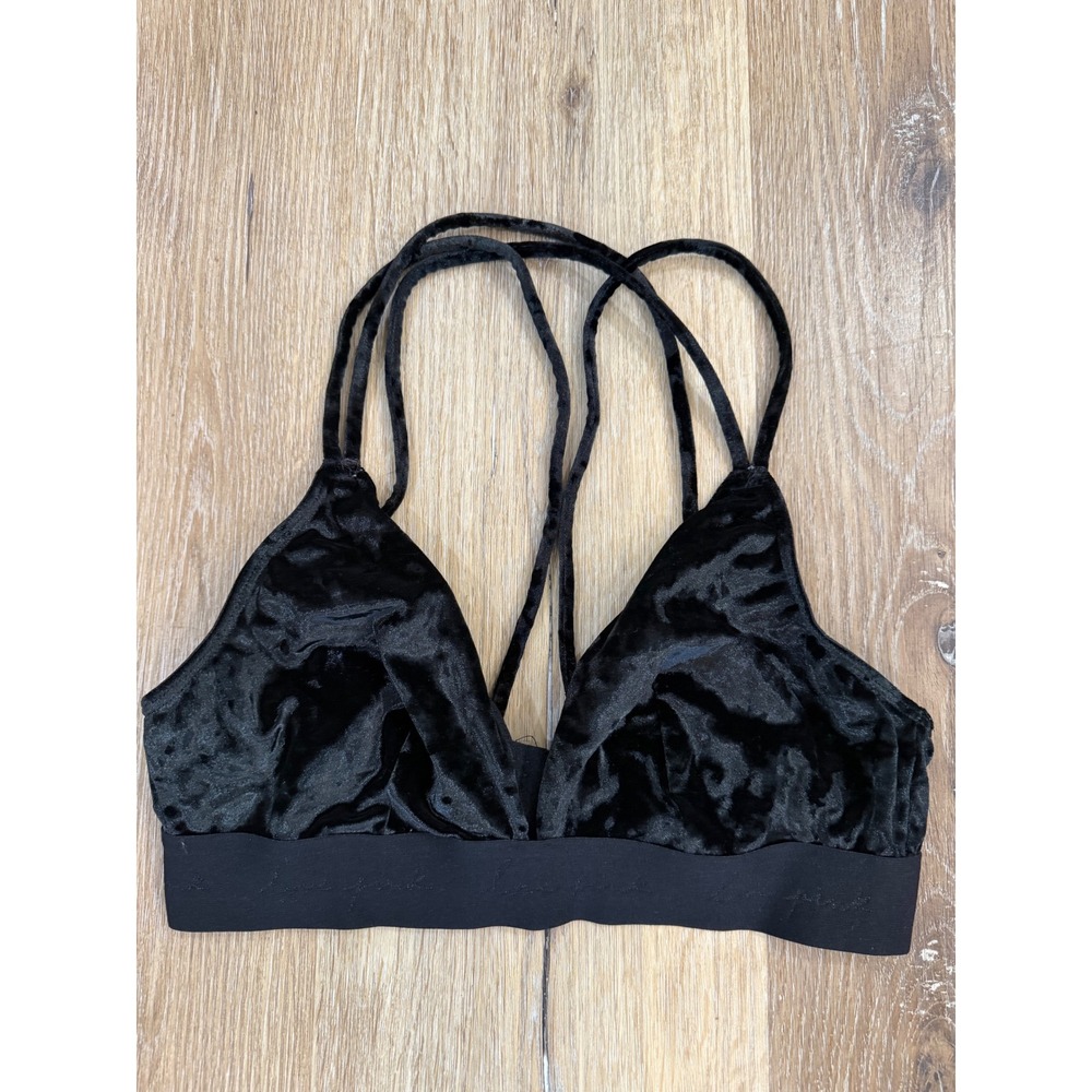 PINK Y2K Velvet Strappy Bralette Women Small Black Cage Back Minimalist Goth